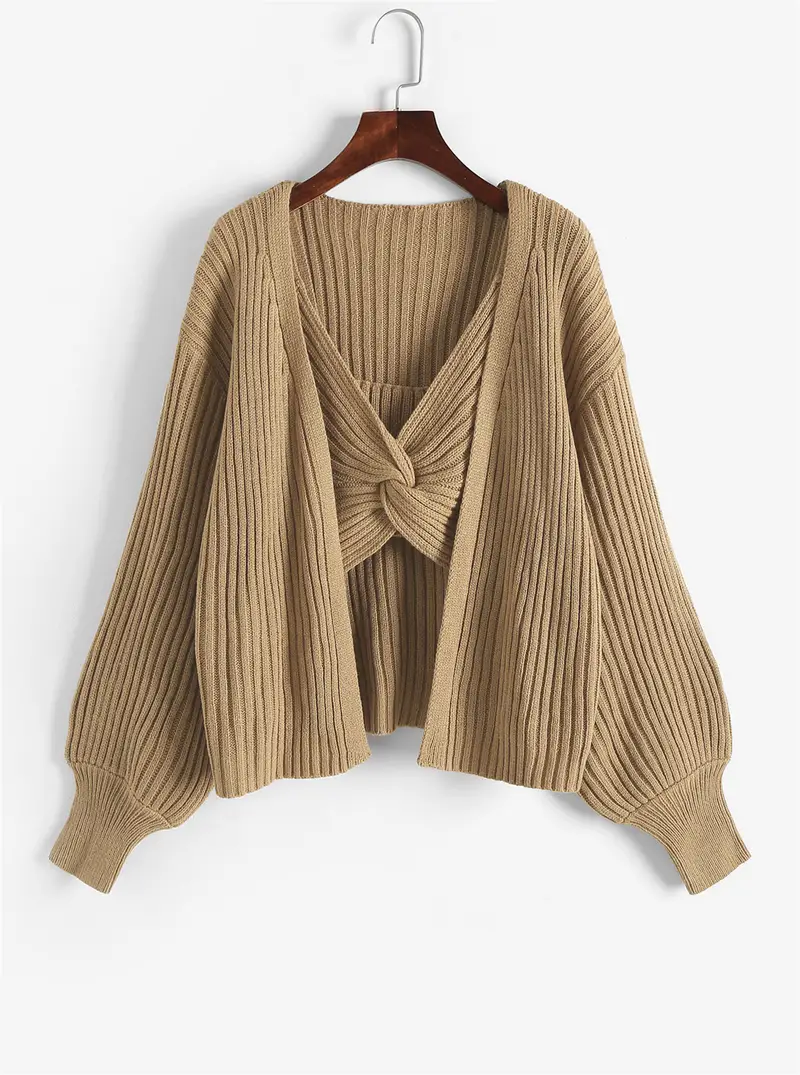 Y2k Style Solid Knit Two piece Set Open Front Cardigan Crop - Temu